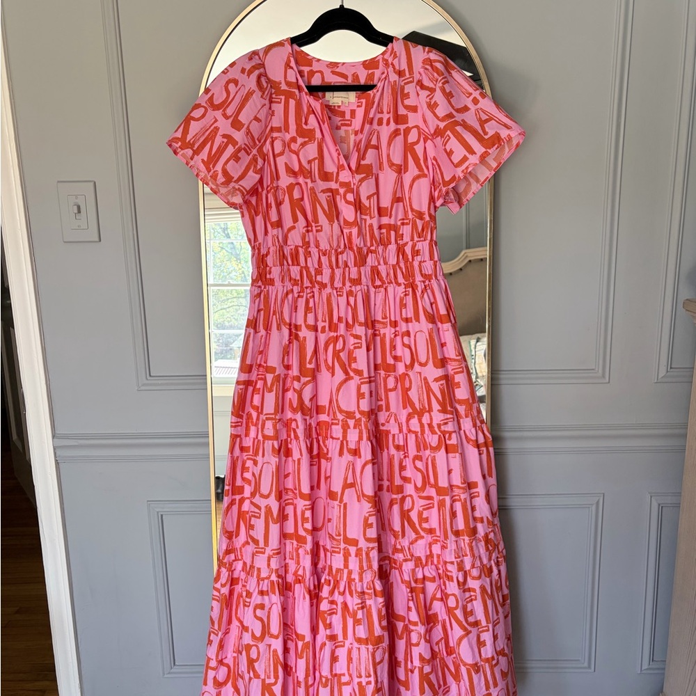 Anthropologie Pink and Orange Letter-Print Somerset Tiered Maxi Dress